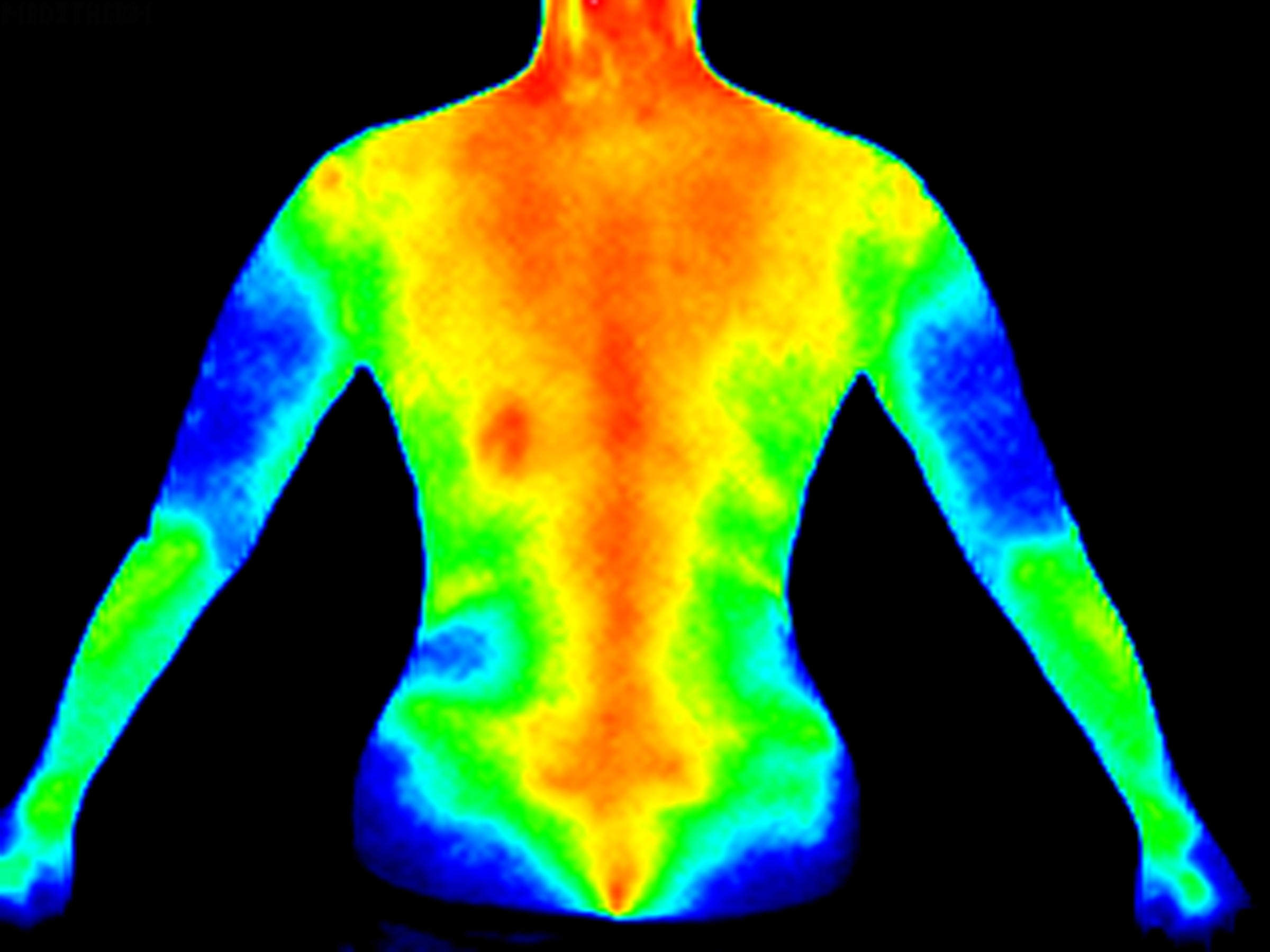 Thermographic photo image of the back of the upper body of a woman with the photo showing different temperature in a range of colors from blue showing cold to red showing hot which can indicate joint inflammation. Shows the complete spine.