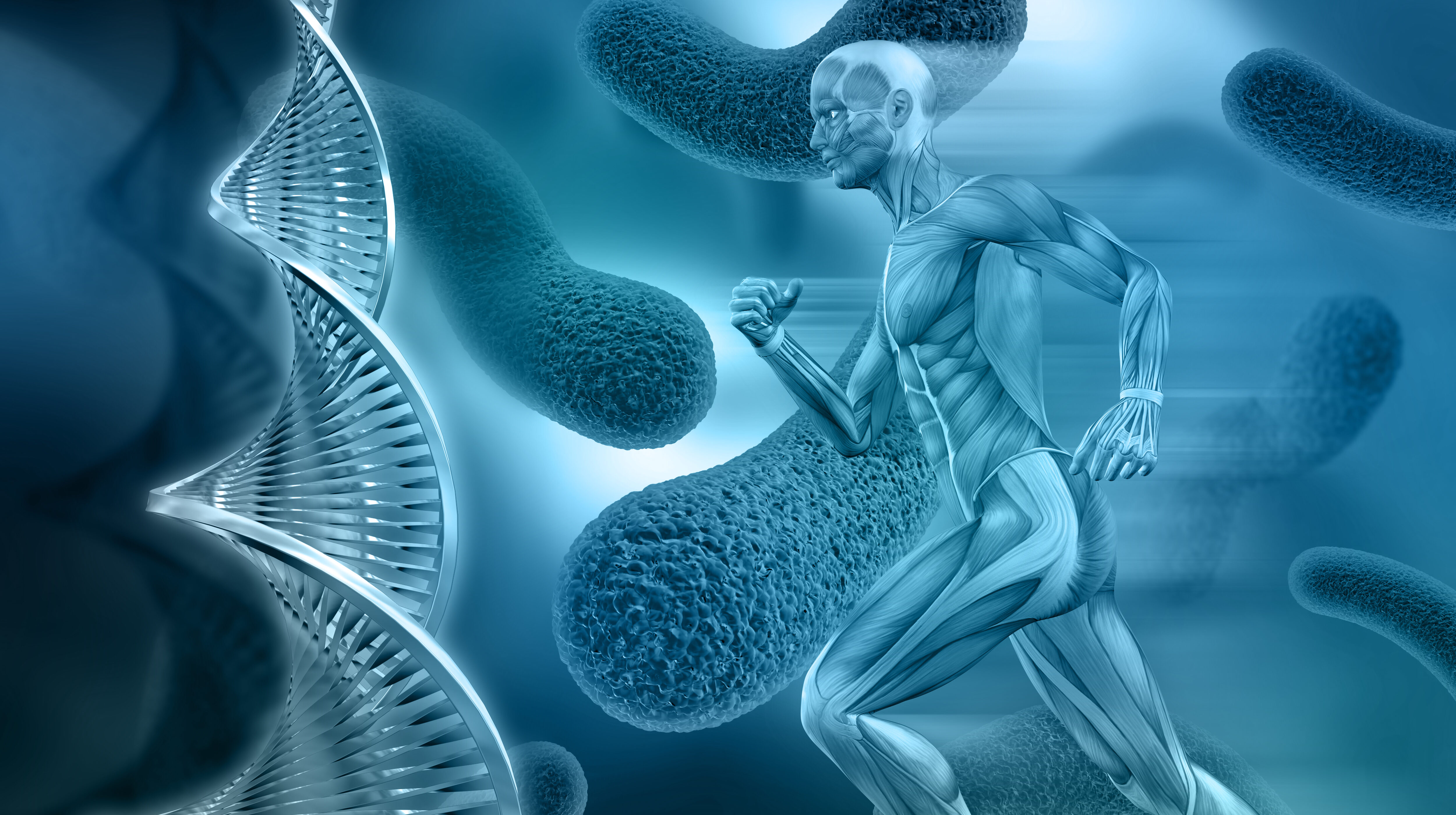 3D male medical figure with muscle map on an abstract virus background with DNA strands